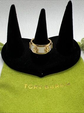 Tory Burch Cream and Gold Logo Band Ring